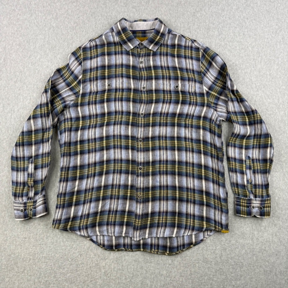 32 Bar Blues Shirt Mens Large Blue Plaid Linen Button Up Long Sleeve Beach